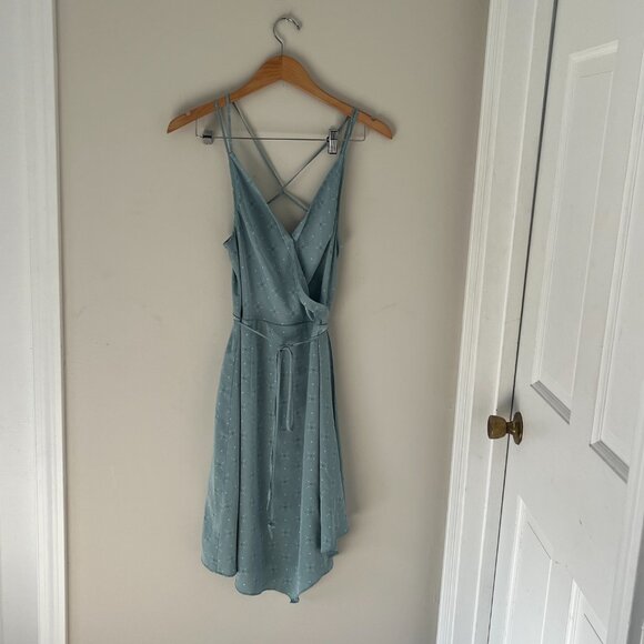 August 1 Eight Sleeveless Satin Faux Wrap Dress Large Mint Green Print Size Med - Picture 2 of 6